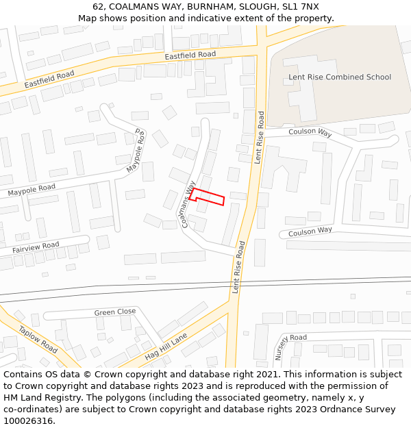 62, COALMANS WAY, BURNHAM, SLOUGH, SL1 7NX: Location map and indicative extent of plot