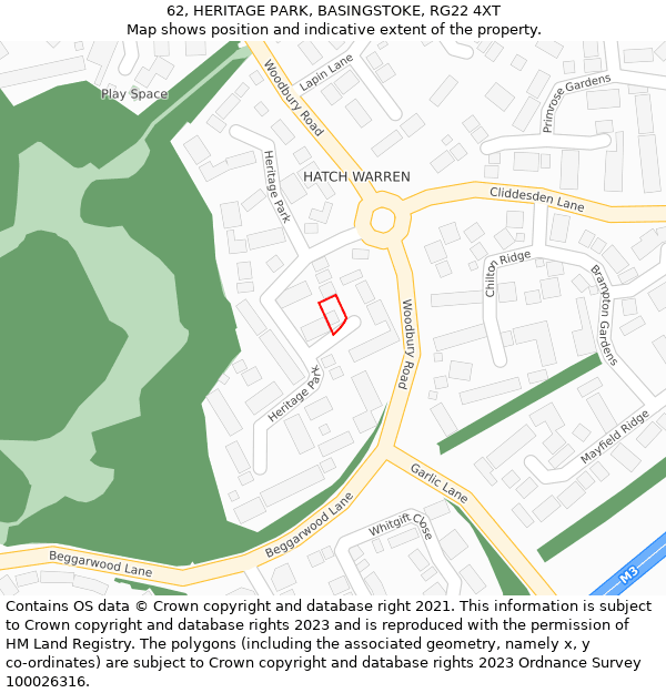 62, HERITAGE PARK, BASINGSTOKE, RG22 4XT: Location map and indicative extent of plot
