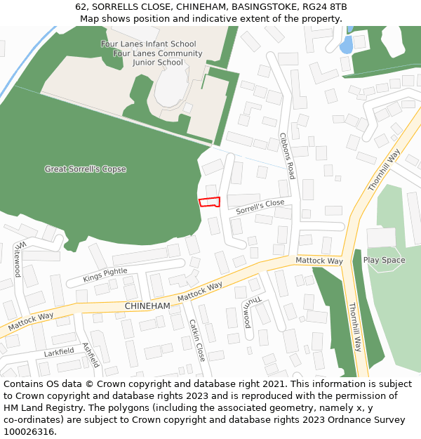 62, SORRELLS CLOSE, CHINEHAM, BASINGSTOKE, RG24 8TB: Location map and indicative extent of plot