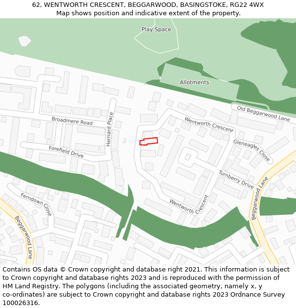 62, WENTWORTH CRESCENT, BEGGARWOOD, BASINGSTOKE, RG22 4WX: Location map and indicative extent of plot