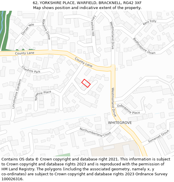 62, YORKSHIRE PLACE, WARFIELD, BRACKNELL, RG42 3XF: Location map and indicative extent of plot