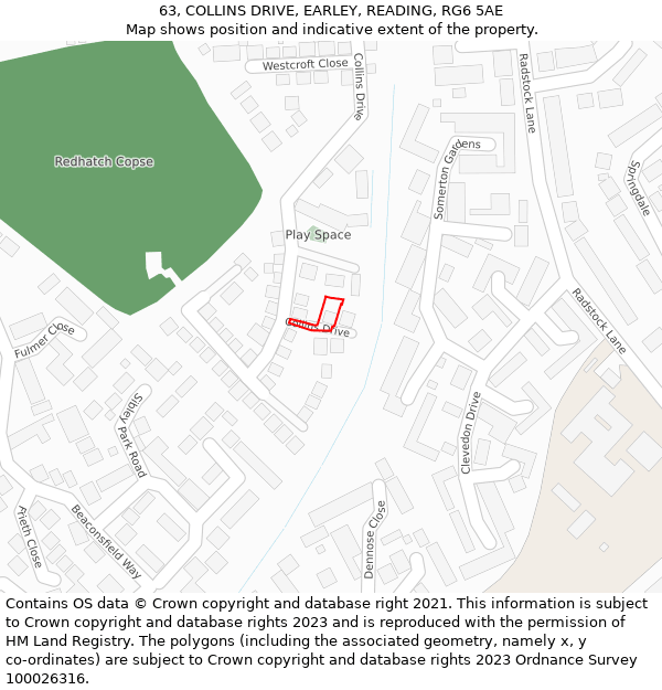 63, COLLINS DRIVE, EARLEY, READING, RG6 5AE: Location map and indicative extent of plot