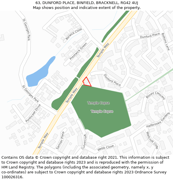 63, DUNFORD PLACE, BINFIELD, BRACKNELL, RG42 4UJ: Location map and indicative extent of plot