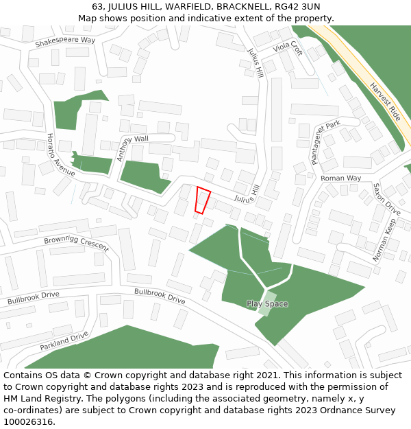 63, JULIUS HILL, WARFIELD, BRACKNELL, RG42 3UN: Location map and indicative extent of plot