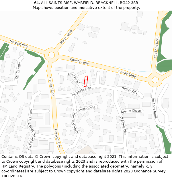 64, ALL SAINTS RISE, WARFIELD, BRACKNELL, RG42 3SR: Location map and indicative extent of plot