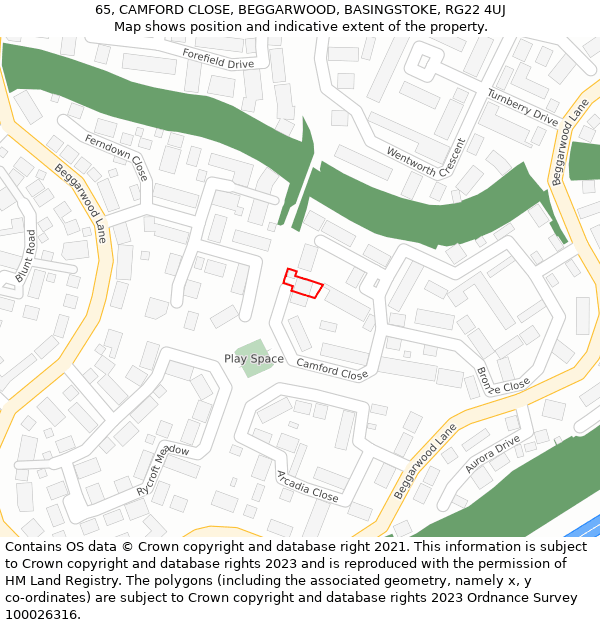 65, CAMFORD CLOSE, BEGGARWOOD, BASINGSTOKE, RG22 4UJ: Location map and indicative extent of plot