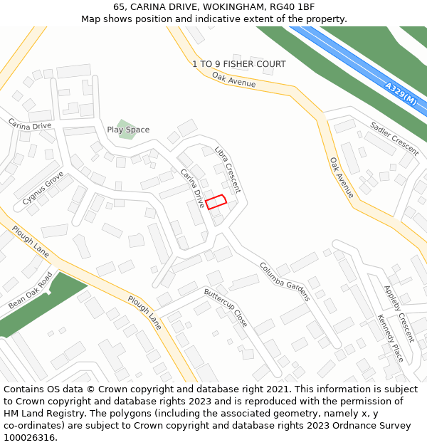 65, CARINA DRIVE, WOKINGHAM, RG40 1BF: Location map and indicative extent of plot