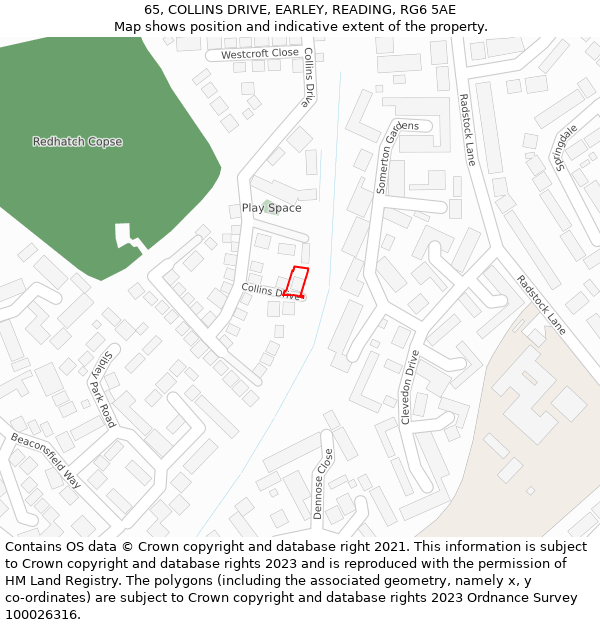 65, COLLINS DRIVE, EARLEY, READING, RG6 5AE: Location map and indicative extent of plot