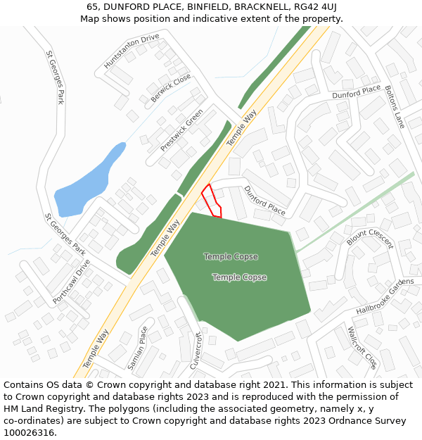 65, DUNFORD PLACE, BINFIELD, BRACKNELL, RG42 4UJ: Location map and indicative extent of plot