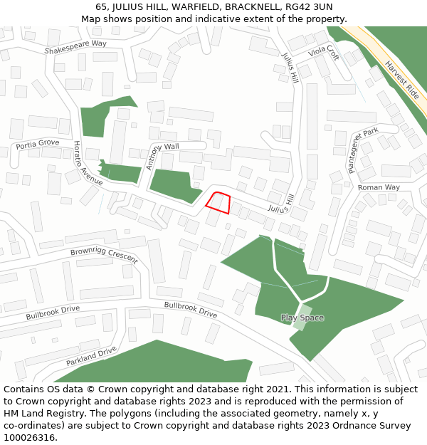 65, JULIUS HILL, WARFIELD, BRACKNELL, RG42 3UN: Location map and indicative extent of plot