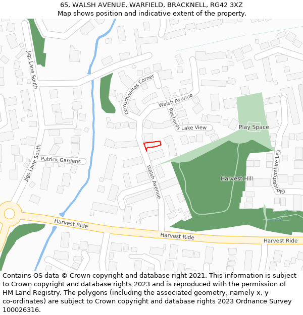 65, WALSH AVENUE, WARFIELD, BRACKNELL, RG42 3XZ: Location map and indicative extent of plot