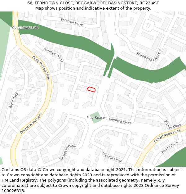 66, FERNDOWN CLOSE, BEGGARWOOD, BASINGSTOKE, RG22 4SF: Location map and indicative extent of plot