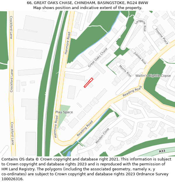 66, GREAT OAKS CHASE, CHINEHAM, BASINGSTOKE, RG24 8WW: Location map and indicative extent of plot