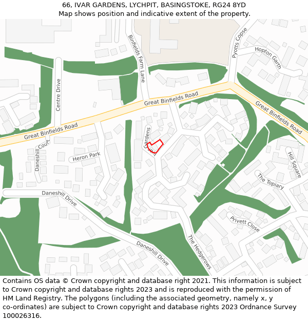 66, IVAR GARDENS, LYCHPIT, BASINGSTOKE, RG24 8YD: Location map and indicative extent of plot