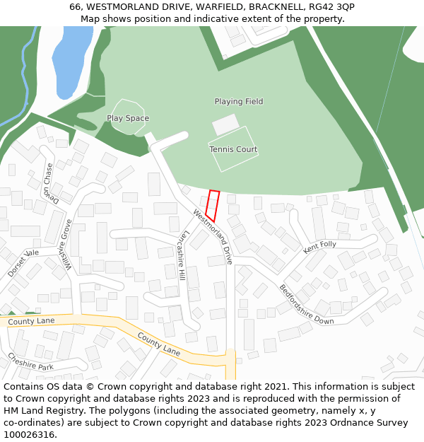 66, WESTMORLAND DRIVE, WARFIELD, BRACKNELL, RG42 3QP: Location map and indicative extent of plot