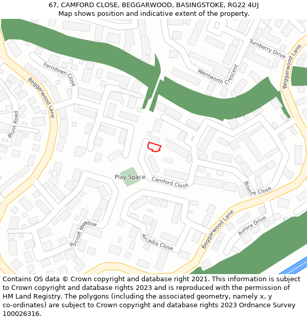 67, CAMFORD CLOSE, BEGGARWOOD, BASINGSTOKE, RG22 4UJ: Location map and indicative extent of plot