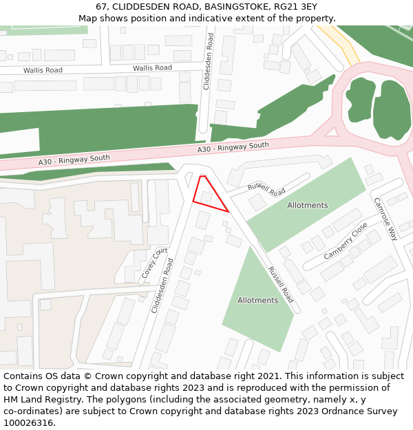 67, CLIDDESDEN ROAD, BASINGSTOKE, RG21 3EY: Location map and indicative extent of plot
