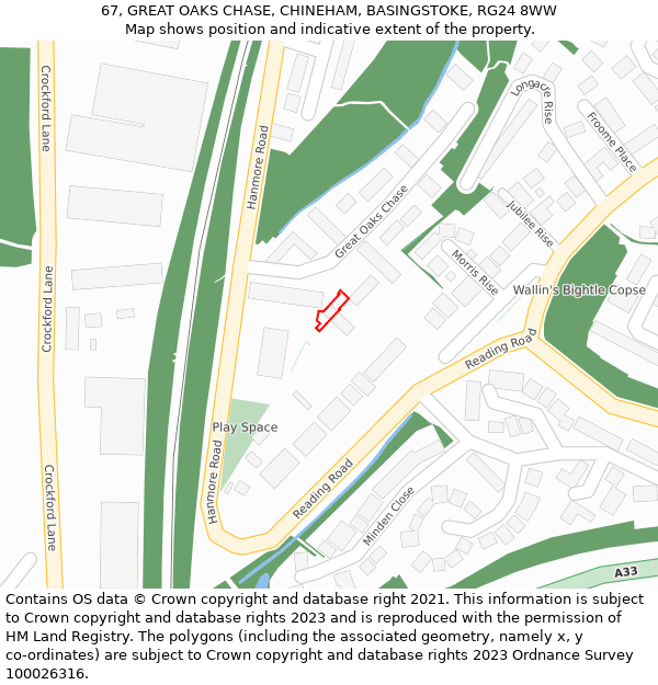 67, GREAT OAKS CHASE, CHINEHAM, BASINGSTOKE, RG24 8WW: Location map and indicative extent of plot