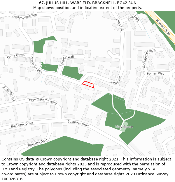 67, JULIUS HILL, WARFIELD, BRACKNELL, RG42 3UN: Location map and indicative extent of plot