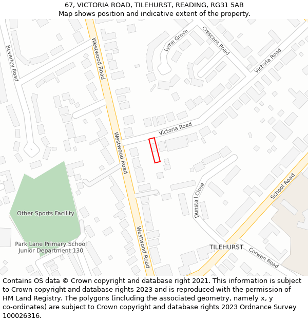 67, VICTORIA ROAD, TILEHURST, READING, RG31 5AB: Location map and indicative extent of plot