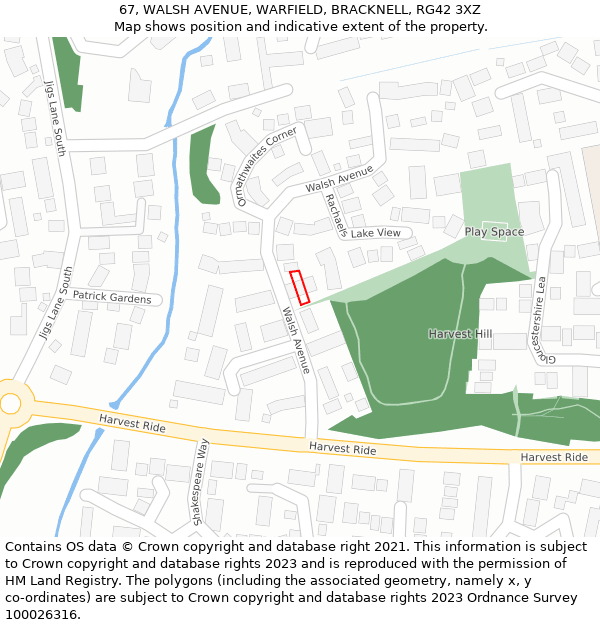 67, WALSH AVENUE, WARFIELD, BRACKNELL, RG42 3XZ: Location map and indicative extent of plot