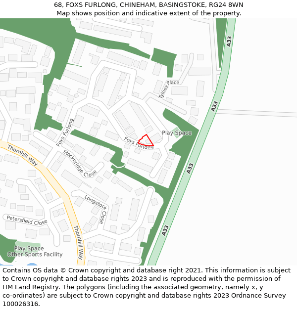 68, FOXS FURLONG, CHINEHAM, BASINGSTOKE, RG24 8WN: Location map and indicative extent of plot