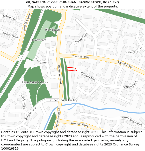 68, SAFFRON CLOSE, CHINEHAM, BASINGSTOKE, RG24 8XQ: Location map and indicative extent of plot