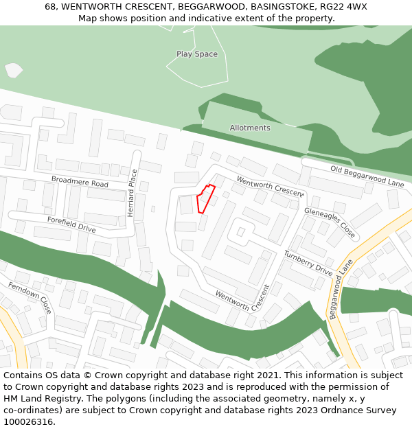 68, WENTWORTH CRESCENT, BEGGARWOOD, BASINGSTOKE, RG22 4WX: Location map and indicative extent of plot