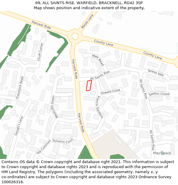 69, ALL SAINTS RISE, WARFIELD, BRACKNELL, RG42 3SP: Location map and indicative extent of plot