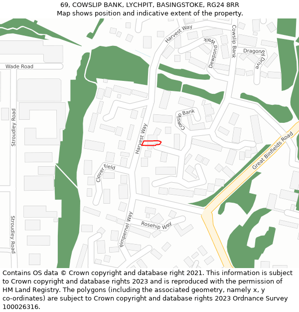 69, COWSLIP BANK, LYCHPIT, BASINGSTOKE, RG24 8RR: Location map and indicative extent of plot