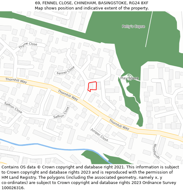 69, FENNEL CLOSE, CHINEHAM, BASINGSTOKE, RG24 8XF: Location map and indicative extent of plot