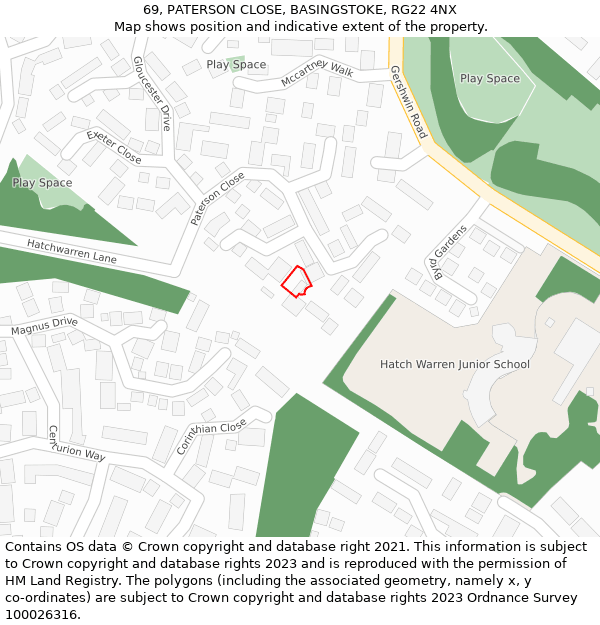 69, PATERSON CLOSE, BASINGSTOKE, RG22 4NX: Location map and indicative extent of plot