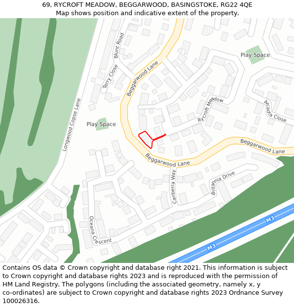 69, RYCROFT MEADOW, BEGGARWOOD, BASINGSTOKE, RG22 4QE: Location map and indicative extent of plot