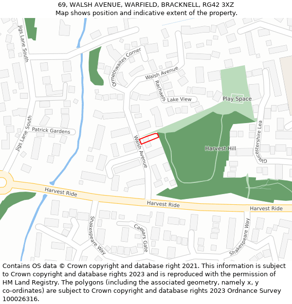 69, WALSH AVENUE, WARFIELD, BRACKNELL, RG42 3XZ: Location map and indicative extent of plot