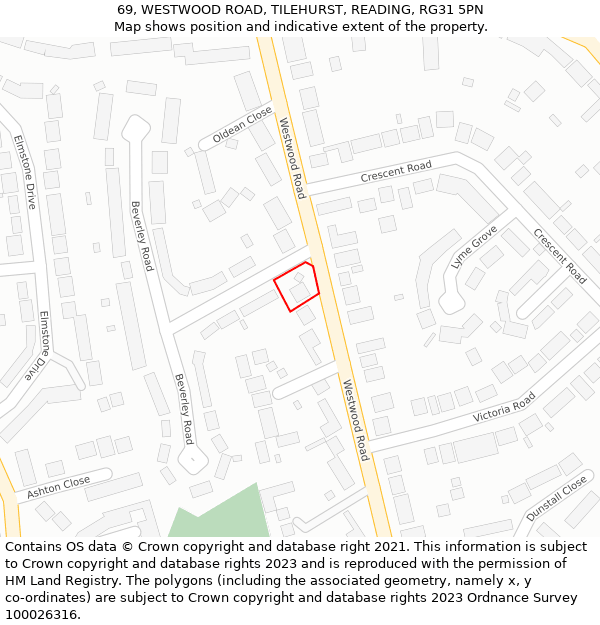 69, WESTWOOD ROAD, TILEHURST, READING, RG31 5PN: Location map and indicative extent of plot