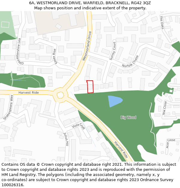 6A, WESTMORLAND DRIVE, WARFIELD, BRACKNELL, RG42 3QZ: Location map and indicative extent of plot