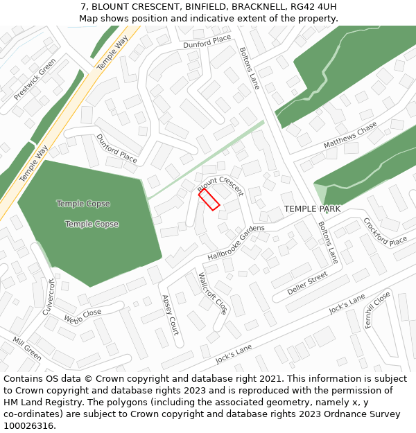 7, BLOUNT CRESCENT, BINFIELD, BRACKNELL, RG42 4UH: Location map and indicative extent of plot