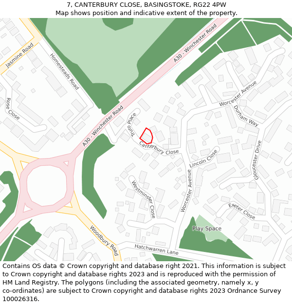 7, CANTERBURY CLOSE, BASINGSTOKE, RG22 4PW: Location map and indicative extent of plot