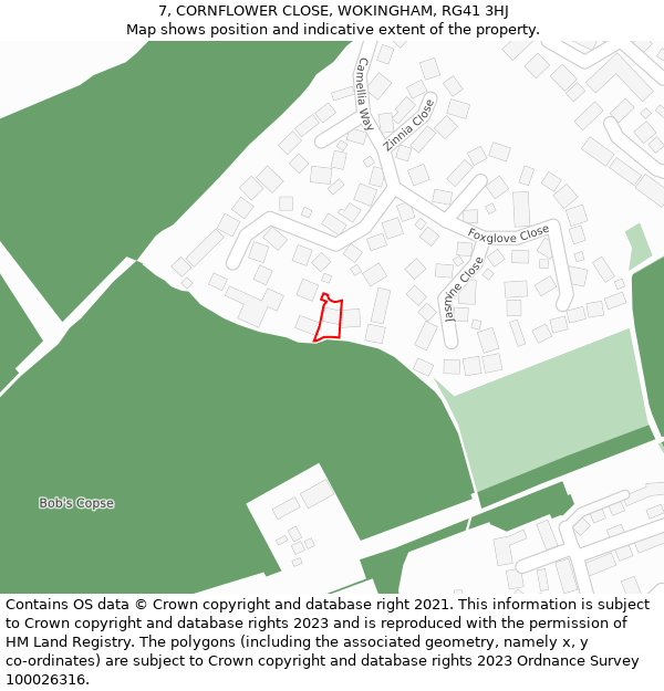 7, CORNFLOWER CLOSE, WOKINGHAM, RG41 3HJ: Location map and indicative extent of plot