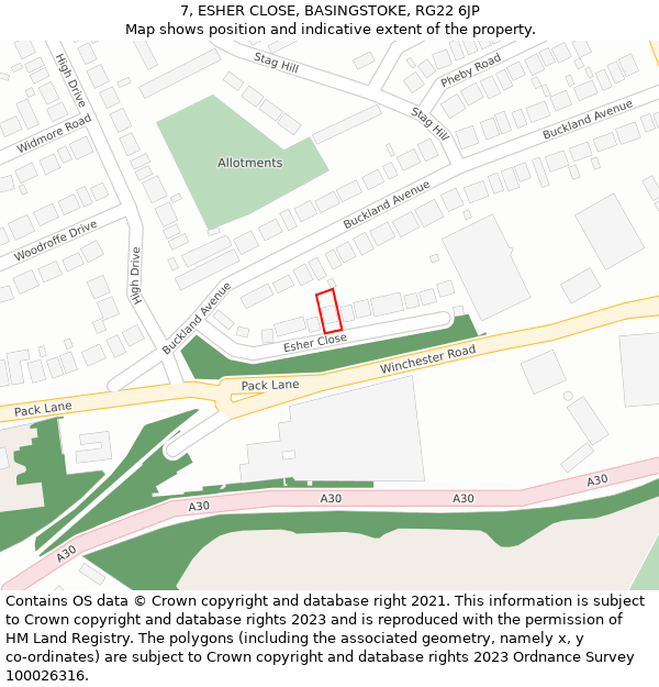 7, ESHER CLOSE, BASINGSTOKE, RG22 6JP: Location map and indicative extent of plot