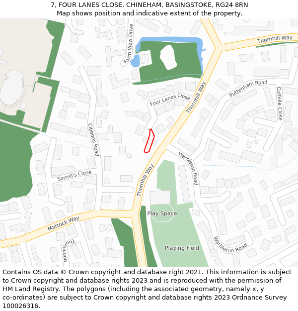 7, FOUR LANES CLOSE, CHINEHAM, BASINGSTOKE, RG24 8RN: Location map and indicative extent of plot