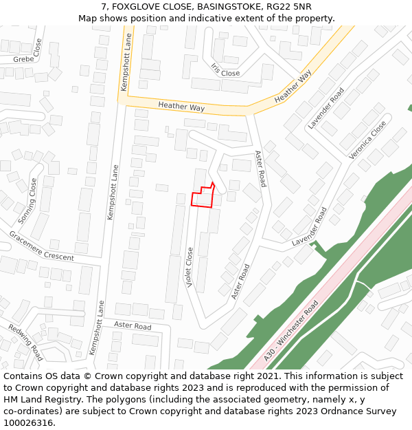 7, FOXGLOVE CLOSE, BASINGSTOKE, RG22 5NR: Location map and indicative extent of plot