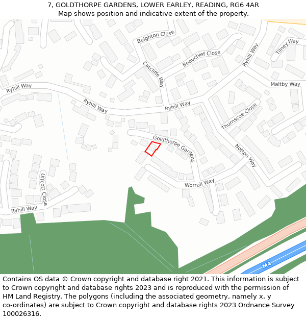 7, GOLDTHORPE GARDENS, LOWER EARLEY, READING, RG6 4AR: Location map and indicative extent of plot