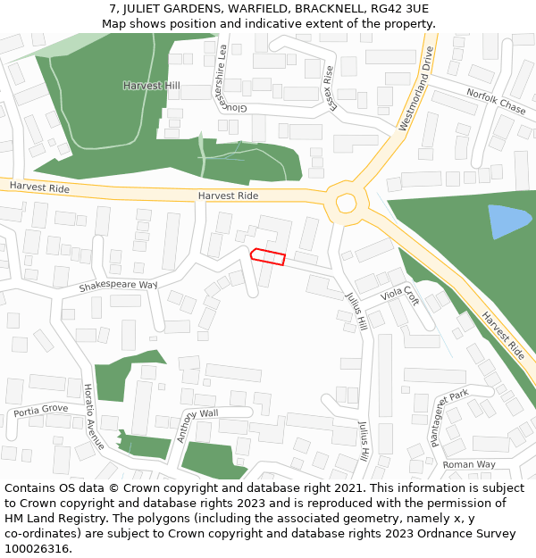 7, JULIET GARDENS, WARFIELD, BRACKNELL, RG42 3UE: Location map and indicative extent of plot