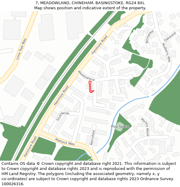 7, MEADOWLAND, CHINEHAM, BASINGSTOKE, RG24 8XL: Location map and indicative extent of plot