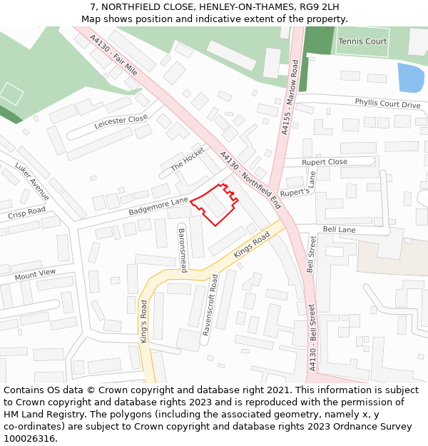 7, NORTHFIELD CLOSE, HENLEY-ON-THAMES, RG9 2LH: Location map and indicative extent of plot