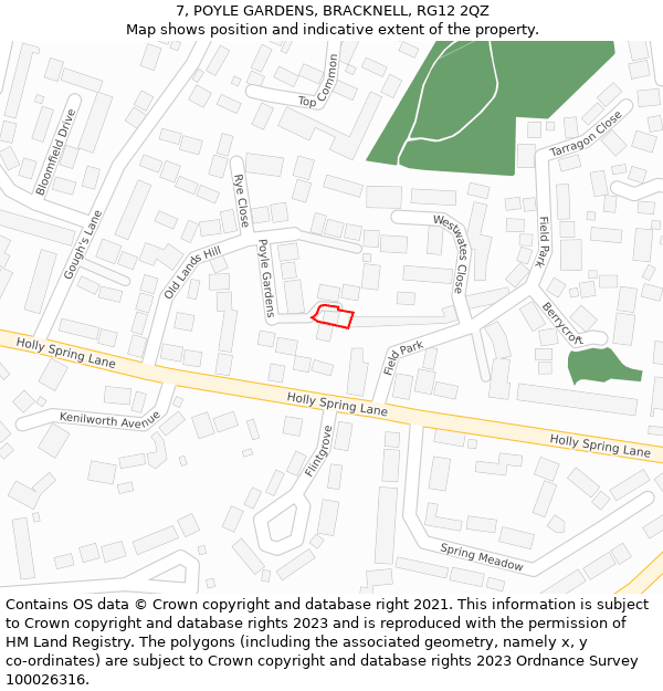 7, POYLE GARDENS, BRACKNELL, RG12 2QZ: Location map and indicative extent of plot