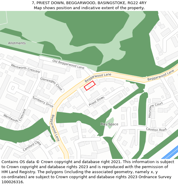 7, PRIEST DOWN, BEGGARWOOD, BASINGSTOKE, RG22 4RY: Location map and indicative extent of plot