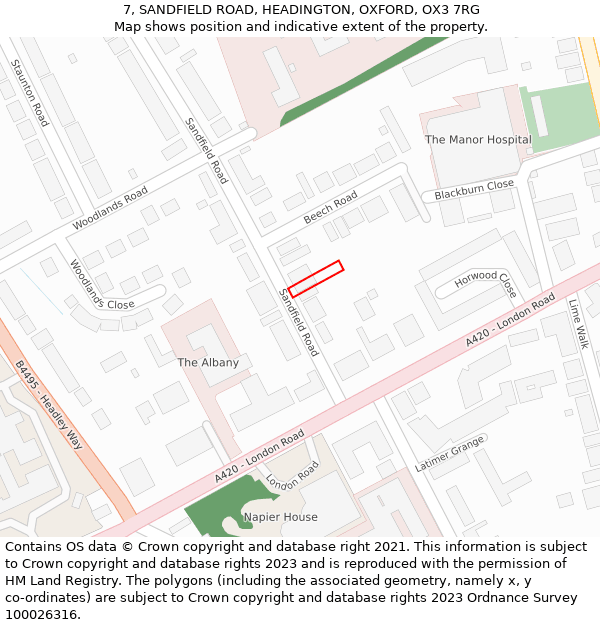 7, SANDFIELD ROAD, HEADINGTON, OXFORD, OX3 7RG: Location map and indicative extent of plot