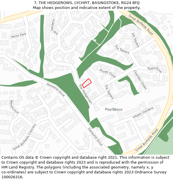 7, THE HEDGEROWS, LYCHPIT, BASINGSTOKE, RG24 8FQ: Location map and indicative extent of plot